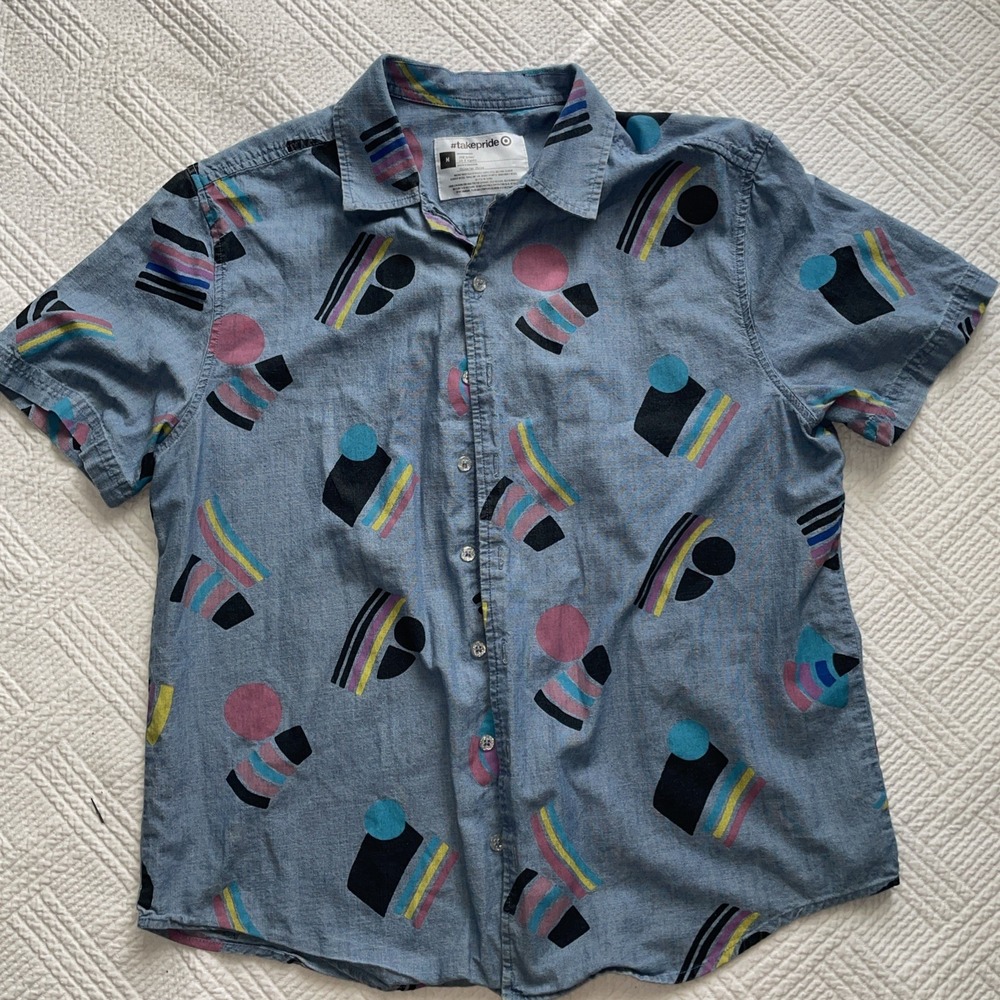 Takepride X Target Men's Short Sleeve Button Down Size M Denim Print 80s Retro